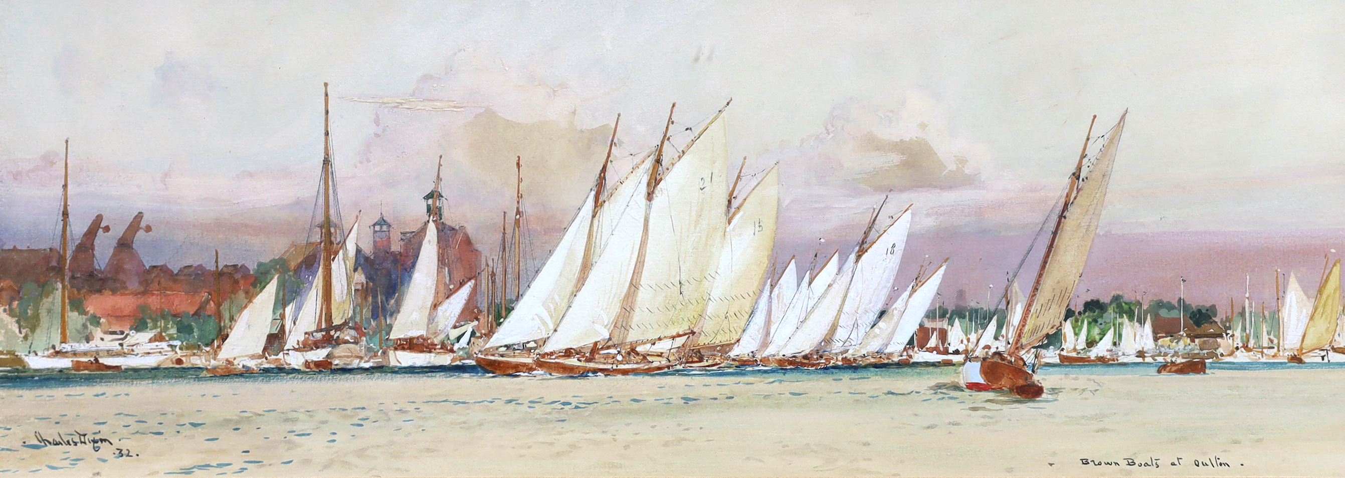 Charles Edward Dixon, R.I. (English, 1872-1934), 'Blown Boats at Ouldon', 'Oulton Broad' & 'Breydon Water', three watercolours, 14 x 38cm